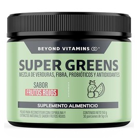 Beyond Vitamins | Super Greens, Jugo Verde en Polvo con Té Matcha, Espirulina, Té Verde, Espinaca, Clorofila, Moringa, Melena de León, Enzimas Digestivas, Probióticos y muchos más | Super Blend Sabor Frutos Rojos | 30 porciones