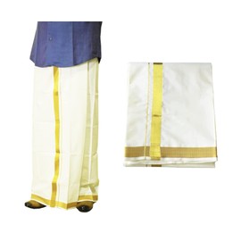 Cotton Dhoti Vesti Mundu 2 mtrs Color crema de una sola capa con borde zari dorado, 2 metros, Large