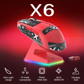 VGN Game Power Attack Shark X6 Superlight Wireless Gaming Mouse with RGB Charging Station, 49 g Ultralight Mouse, PixArt PAW3395 Sensor, 26000DPI, 2.4G/BT/Wired, Grip Tape Set, G502, PC/Mac, Red