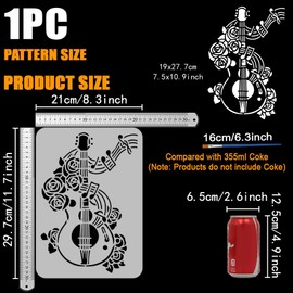 FINGERINSPIRE Vintage Floral Guitar Painting Stencil with 1Pc Plastic Paint Brush 8.3x11.7inch Reusable Guitar Flower Stencil Decorative Guitar Pattern Stencil for Painting on Wood Wall Furniture
