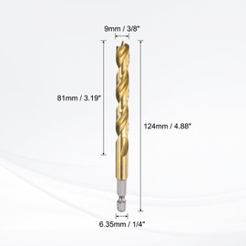 QUARKZMAN Brad Point Drill Bit 9 mm (3/8 Inch) Diameter 1/4 Inch Hex Shank Drill Metric Brad Point 3.19 Drilling Depth Spiral Twist Drill Bit for Carpenters Woodworking Plastic Rubber Gold