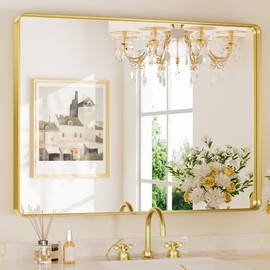 Keonjinn Gold Bathroom Mirrors for Over Sink, 40” x 30” Brushed Brass Mirror, Large Rounded Rectangle Gold Vanity Mirror with Metal Frame, HD Tempered Glass Modern Wall Mirror(Horizontal/Vertical)
