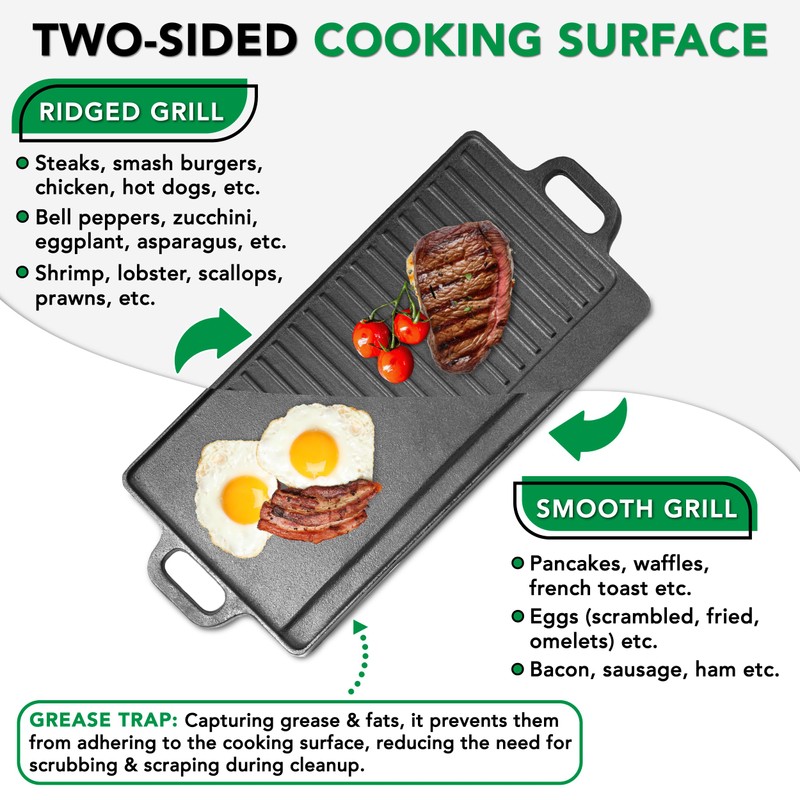 ProSource 2-in-1 Reversible 19.5” x 9” Cast Iron Griddle with