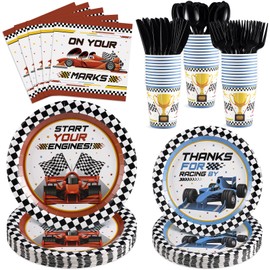 NatNarr 175 Pcs Race Car Birthday Party Decorations, 25 Guest Checked Race Car Plates Napkins Set with Cups Plastic Cutlery Race Party Supplies for Two Fast Kids Boys Birthday