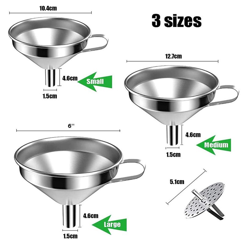 Stainless Steel Funnel Set Kitchen Strainer Funnel Filter Set Wide