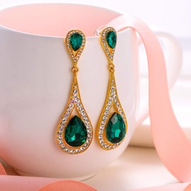 EVER FAITH Wedding Party Green Earrings for Women Girls Sparkly Crystal Teardrop Dangle Drop Earrings for Bridal Brides Gold-Tone