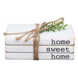PARISLOFT Small Wooden Book Stack,Decorative Faux Book Wood Decor,Farmhouse Whitewashed Wooden Sign with Quotes-Home Sweet Home