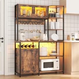 Bigbiglife Bakers Rack with Power Outlet and LED Light, 42.5 inch Industrial Coffee Bar Cabinet with Trash Can Storage Bin Cabinet, Microwave Stand with Storage for Kitchen, Living Room