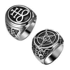 JewelryWe Set of 2 Satanic Rings Signet Ring Men's Stainless Steel Men's Ring Leviathan Cross Pentagram Baphomet Goat Head Finger Rings Lucifer Satan Devil Symbol Gothic Jewellery Silver Men