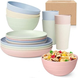 16 Pieces Bowl Set Tablewares, Wheat Straw Plates, Lightweight Degradable Dinner Plates Set,Bowls, Cups, Tablewares Set, Dishwasher Safe Dinnerware Set, Unbreakable Salad Plates