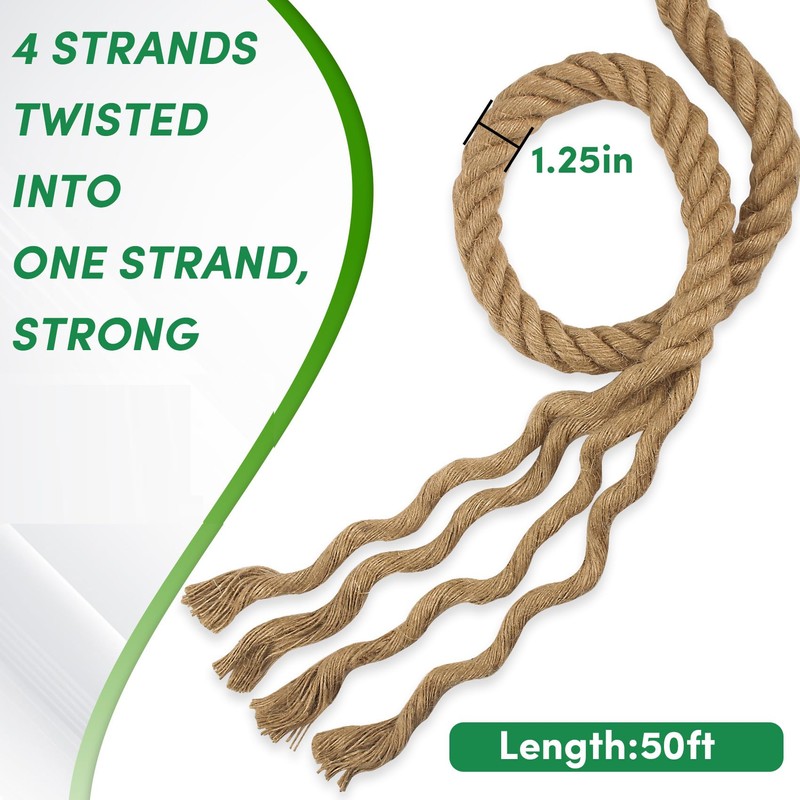 Manila Rope 1.25in x 50ft, Twisted Rope 1.25inch Natural Hemp