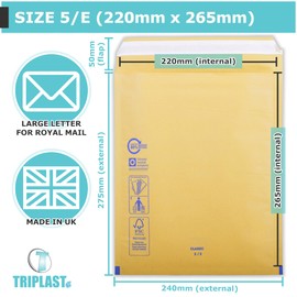 Triplast Gold Bubble Padded Envelopes - Pick Qty & Size: 20 x 5/E (220x265mm) Mailers - Large Letter Envelopes with Bubble Lining and Peel & Seal Strip for Royal Mail Shipping