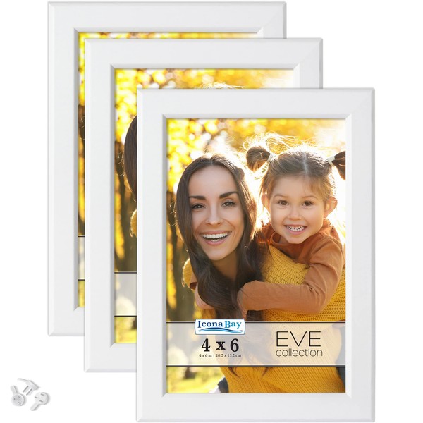 Icona Bay 6x4 Picture Frames (White, 3 Pack), Modern Double-Bevelled