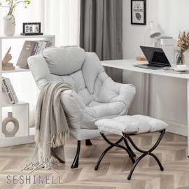 SESHINELL Lazy Chair with Ottoman, Modern Accent Chair Lounge Leisure Sofa Chair with Armrests, Reading Chair and Folding Footstool for Living Room, Bedroom, Office, Light Grey