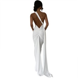 Women's Sexy One Shoulder Backless Maxi Dress Elegant Ruched O Ring Sleeveless Evening Dress Long Gown Cocktail Dress White