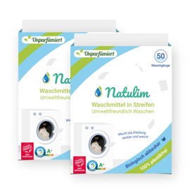 Natulim - Waschmittel Blätter (100 Waschgänge) - Made in EU, biologisch abbaubar, nachhaltig, Plastikfrei, Vegan und Cruelty Free - Saubere und weiche Wäsche - 2er Pack mit 50 Stück - (Duftstofffrei)