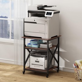 Fannova 23.6 x 23.6 Inches Large Printer Stand, 3 Tier Square Printer Table with Height Adjustable Storage Shelf, Rolling Printer Cart with Industrial Wheels for Home Office - Rustic Brown