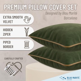 Blau Marité Decorative Velvet Throw Pillow Covers with Trim. Soft Velvet Decorative Pillow Cases. Velvet Cushion Covers. Contrast Pipping.(Green and Camel, 12"x20")