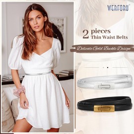 WERFORU Women's Skinny Leather Belt Adjustable Thin Waist Belt Decorative Belt for Dresses Jeans Coat with Gold Twist Buckle, Black + Silver