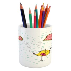 Ambesonne Yellow Bird Pencil Pen Holder, Valentine's Day Pastel Concept Love Song Singing in Polka Dotted Hearts, Ceramic Pencil Holder for Desk Office Accessory, 3.6" X 3.2", Multicolor