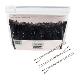 Conair CONAIR Black Bobby Pins with storage 400pk - hair accessories for women - rubber tipped and nonslip - ideal with brown hair - comfortable hair pins - clear zipper pouch included