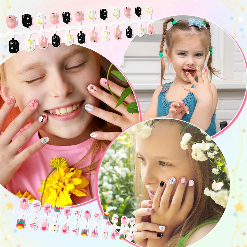 JSRQT 8Pcs Kids False Nail Tips, Full Cover Short Square