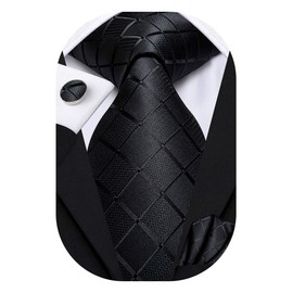 Hi-Tie Mens Plaid Ties Classic Paisley Necktie with Handkerchief Cufflinks Set Business Stripe Tie,A Black