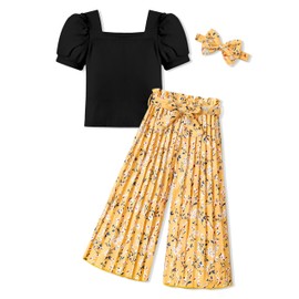 CRISONE Girls Summer Outfits Size 7 8 Kids Girl Clothes Square Neck Short Puff Sleeve Tops + Pleated Floral Print Pants 3pcs Little Girls Clothes Spring Summer Clothing Set