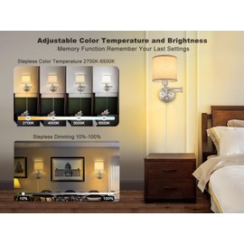 Plug in Wall Sconces with Remote Control, Dimming & Adjustable Colors 2700K-6500K, Hardwire or Plug-in, Swing Arm Wall Lamp with Linen Fabric Shade, Wall Sconces Set of Two, Brushed Nickel Finish