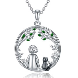 YFN Cat Chain Cat Necklace Made of Sterling Silver, Jewellery for Women and Girls, Teenage Girls, Cat, Green Zircon, Jewellery Gifts for Cat Lovers, Sterling Silver, Cubic Zirconia