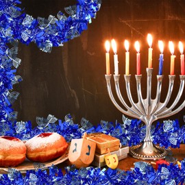 Caplidou Hanukkah Decorations, 65 FT Blue Hanukkah Tinsel Garland with Menorah and Star of David Sequins Silver Ornaments Metallic Fake Twist Garland for Party Home Table Door Chanukah Indoor Outdoor