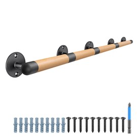 SELEWARE 67 Inch Wood Handrail Indoor Stair Handrail Drywall Mount Handrail w/Sturdy Metal Barckets, Barrier-Free Staircase Grab Bar for Elderly, 1.3 Inch Round