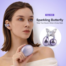 Soinf Women's Wireless Earphones, Designed with Crystal Butterfly Earrings and Open Bluetooth Noise Cancelling Earphones for Running, Suitable for Work, Fitness, Daily wear, and Gifts (Purple)