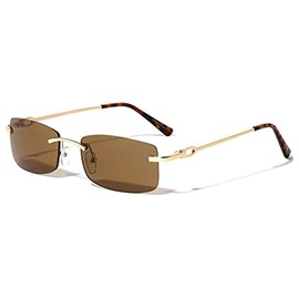Rimless Gold Frame Sunglasses Slim Rectangular Frame 100% UV Protection Men Or Women (Brown)