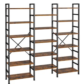 SUPERJARE Triple 6 Tier Bookshelf, Bookcase with 17 Open Display Shelves, Wide Book Shelf Book Case for Home & Office, Rustic Brown