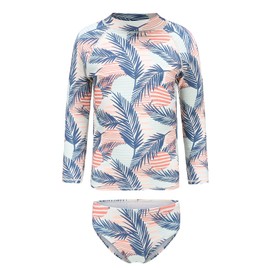 Moon Tree Big Girls Two Piece Rash Guard Swimsuits Set Long Sleeve Bathing Suit with UPF 50+ Sun Protection Kids Sunsuits Swimwear Palm Leaf Size 10/8-10 Years