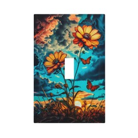 Yamxbfa Gold Yellow Flowers Butterflies Sunset Colorful Clouds Single Toggle Light Switch Covers Decorative 1 Gang Wall Plate Covers Electrical Device Switchplate Dimmer Faceplate for Bathroom Decor