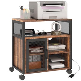 Vinsetto Printer Stand Table with Socket and USB Charging Ports, Industrial Mobile File Cabinet with Cable Hole, Wheels, Adjustable Shelf, Cabinet, Filing Cabinet for Home Office, Rustic Brown