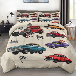 Pamnest Comforter Set Full Size, Car Colorful Vintage Soft 3 Pcs Bedding for Kids and Adults, Retro Truck American Flag Comforter Set with Pillowcase, for Bedroom Bed Decor