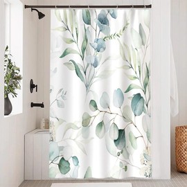 Uiiooazy Green Leaves Shower Curtain, Eucalyptus Leaf Plants Pattern, Bathtub Curtains, Anti-Mould, Waterproof, Polyester Fabric, Washable, Bathroom Curtain with Hooks, 120 x 180 cm