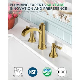 FORIOUS Brushed Gold Bathroom Faucet 3 Hole Widespread, Two Handle Antique Brass Waterfall Bathroom Faucet Gold 3 Hole for Vanity with Metal Drain Kit and Pre-Assembled CUPC Hose and All Tools