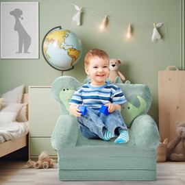 Burbell Toddler Chairs Comfy Dinosaur Toddler Couches That Fold Out with Blanket 2-in-1 Kids Fold Out Couch Velvet Child Foldable Convertible Sofa to Lounger (Green)