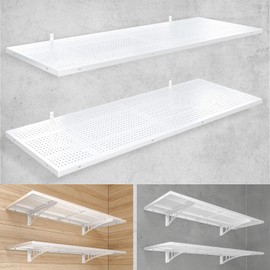 YIFRO 2-Pack 1.5x4ft Heavy Duty Garage Wall Shelving, 500 lbs Load Capacity, Garage Shelving Wall Mounted, Storage Rack with Hooks, White