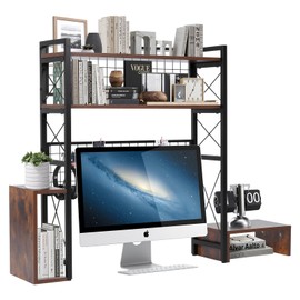 usego Computer Desktop Bookcase 3-Tier Multipurpose Desk Hutch Bookshelf Countertop Display Shelf with Adjustable Wood Rack Organizer for Office Supplies Home Dormitory- Brown