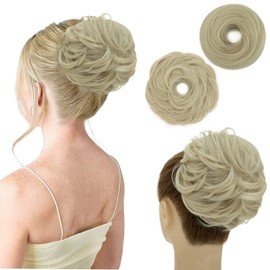 S-noilite 2 Ways Messy Bun Hair Piece for Women Curly Wavy Fake Hair Bun Scrunchies Ponytail Hair Extension (613C#) Bleach Blonde Straight Easy Updo Tousled Chignon Bun Hairpiece for Women