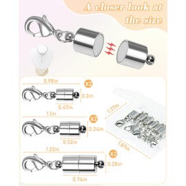 FIVEIZERO Magnetic Necklace Clasp (6pcs, 3 Sizes) - 14K Silver Plated Extra Strong Jewelry Clasps with Lobster Claw, Secure Magnetic Closures for Necklace Extender & Bracelet DIY