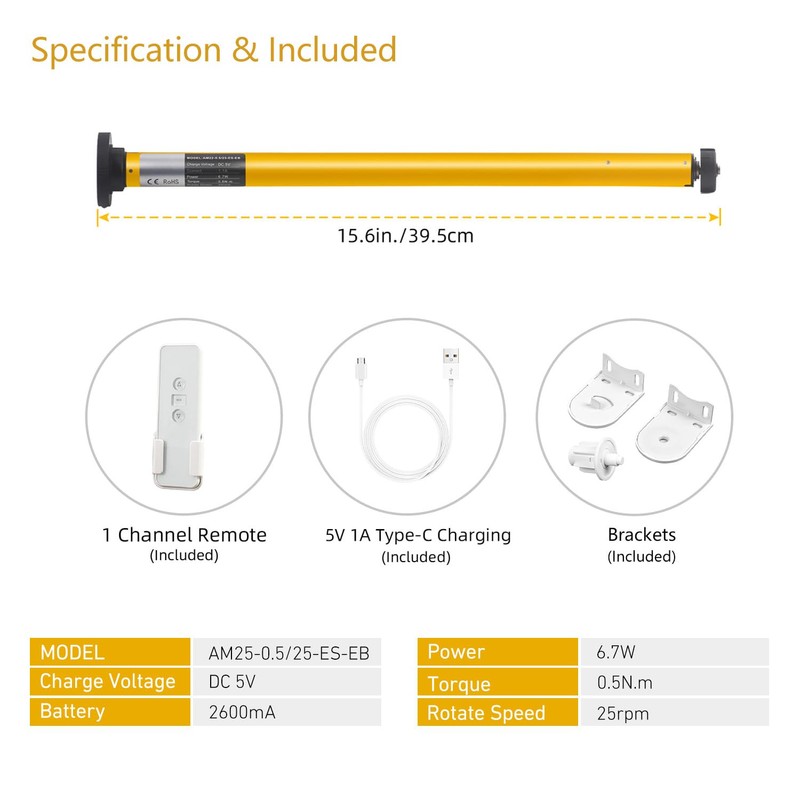 AM22 Smart Blinds Motor for 1.25"(32mm) Shade Tube, Rechargeable Bluetooth