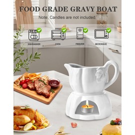 Gravy Boat with Warmer – 17 Oz Dripless Gravy Bowl with Handle & Spout – Microwave, Freezer & Dishwasher Safe Sauce Server for Thanksgiving, Christmas, Holiday Meals, and Everyday Use