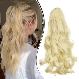 Dcbaboo Ponytail Extension, Ponytail Hairpiece, Braid Extension with Clip, Wavy Long Hair Extension Braid Clip, Synthetic, Wavy Curly Ponytail Hair Extension, 45 cm, Bleach Blonde