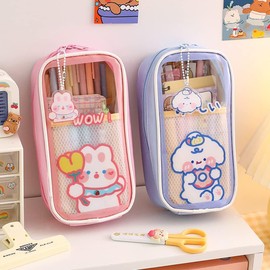 Upxiang Kawaii Pencil Case, Clear Large Pencil Case Cute Bear Rabbit Aesthetic Large Capacity for Girls (#A)